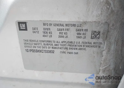 2012 Chevrolet Cruze Ls z USA, uszkodzony, nr VIN 1G1PD5SHXC7333832